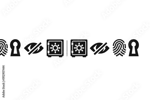 This image features a series of white security and privacy icons such as safes, keyholes, fingerprints, and crossed-out eyes arranged in a line on a black backdrop.