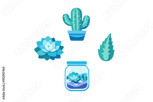 A collection of four stylized blue succulent illustrations including a cactus in a pot, a rosette plant, a single leaf, and a glass terrarium jar, all set against a solid black background.