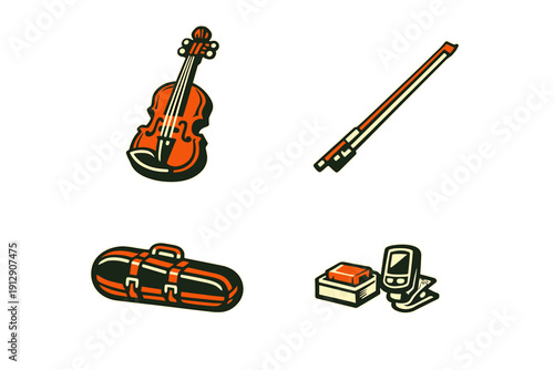 A collection of four stylized icons featuring a violin, a bow, a carrying case, and musical accessories like rosin and a tuner, presented in a retro graphic style on a black background.