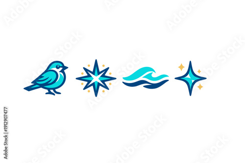 A set of four stylized icons featuring a blue bird, a compass rose, an ocean wave, and a sparkling star, all set against a solid black background in a minimalist vector style.