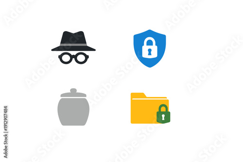 A collection of four flat icons representing digital privacy and security, including an incognito mode symbol, a shield with a lock, a cookie jar, and a locked folder on a black background.