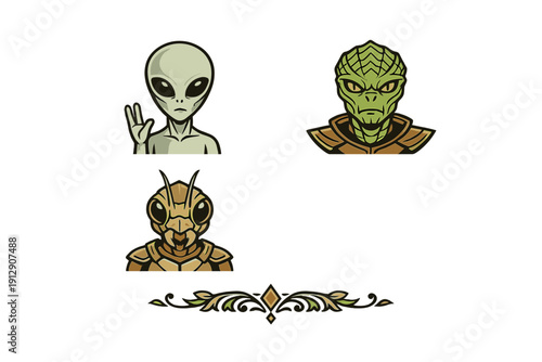 Three stylized alien character icons including a grey alien, a green reptilian, and a brown insectoid warrior, set against a black background with a decorative floral divider.