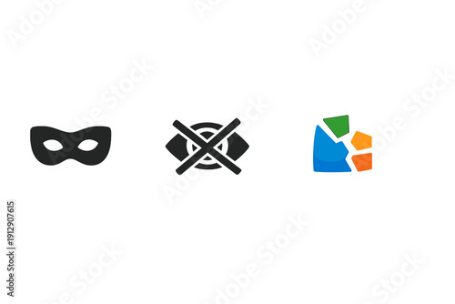 A collection of three distinct icons including a black masquerade mask, a crossed-out eye representing invisibility, and a multi-colored abstract graphic on a dark background.