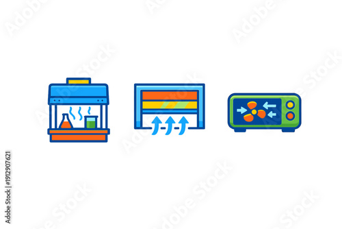A set of three colorful icons depicting scientific and industrial machinery such as a chemical workstation, a thermal heater, and a fan-driven cooling or heating appliance.