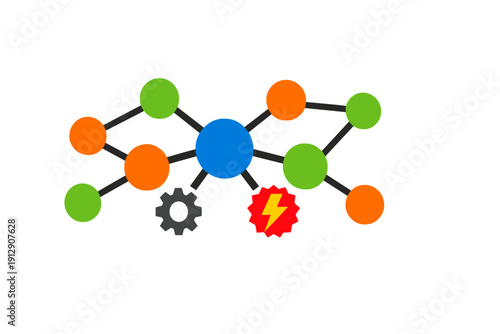 This graphic illustration shows a central blue circle linked to various green and orange nodes, accompanied by a gear and a lightning bolt symbol on a dark background.