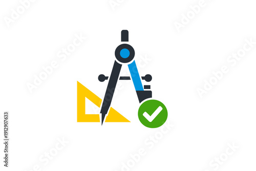 A flat vector illustration featuring a drawing compass, a yellow set square, and a green checkmark icon on a black background, representing accuracy in drafting and geometry.