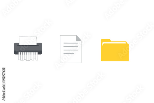 A minimalist flat illustration showing a grey paper shredder, a white document with text lines, and a yellow file folder arranged horizontally on a black background.