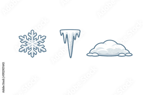 A set of three winter-themed icons featuring a stylized snowflake, a sharp icicle, and a pile of snow, all presented with blue outlines against a solid black background.