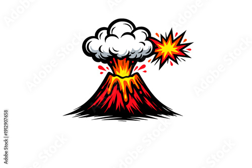 This cartoon illustration features an erupting volcano with flowing red lava, a grey ash cloud, and a separate yellow starburst explosion against a solid black background.