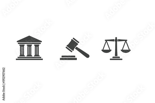 Three black icons representing the legal system are displayed on a white background, including a classical courthouse building, a gavel, and the scales of justice.