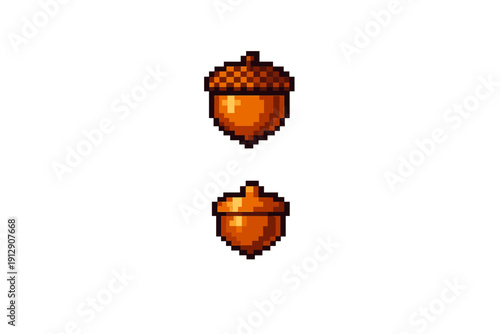 Two pixel art acorns are shown against a solid black background. The top acorn has a detailed textured cap, while the bottom one features a simpler design with bright orange colors.