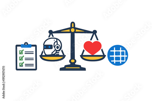 A vector illustration of a balance scale weighing a robot head against a red heart, flanked by a checklist and a globe icon, representing AI ethics and human values.
