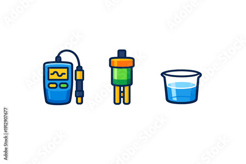 A set of three cartoon icons representing water quality testing equipment, including a digital meter with a probe, a sensor device, and a beaker filled with blue liquid on a black background.