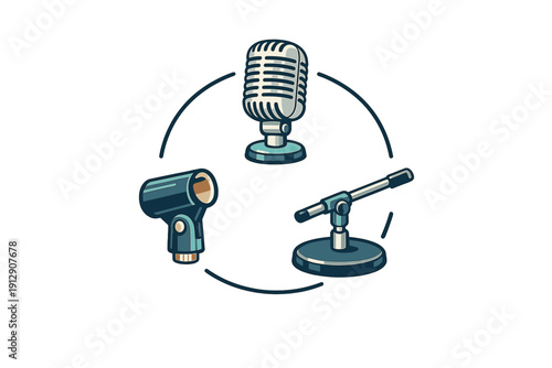 A vector illustration showing three various microphone styles, including a classic retro mic and modern recording equipment, arranged in a circular layout on a black background.