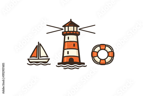 This minimalist graphic depicts an orange and white striped lighthouse, a simple sailboat on the water, and a lifebuoy ring, presented in a clean vector style on a dark backdrop.