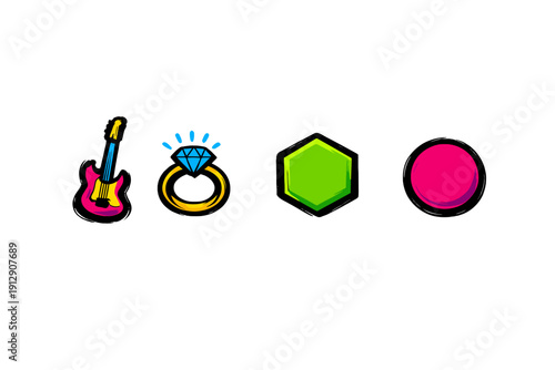 A collection of four colorful icons featuring a pink electric guitar, a gold diamond ring, a green hexagon, and a pink circle, all set against a solid black background.