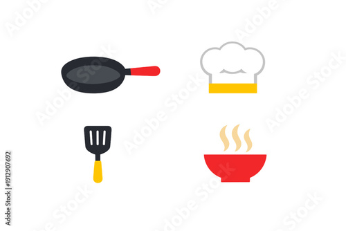 A collection of four cooking icons featuring a frying pan with a red handle, a white chef hat, a black spatula, and a red bowl of hot steaming food, all set against a black background.