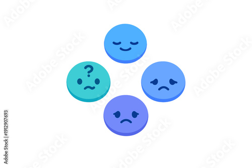 A collection of four stylized circular faces in shades of blue and purple displaying various expressions, including a smile, a frown, and a look of confusion with a question mark.