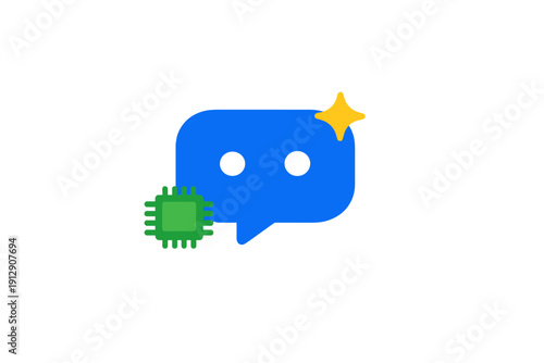 This flat vector illustration features a blue chat bubble with eyes, a yellow sparkle, and a green processor chip, symbolizing an AI-powered messaging bot or digital assistant.