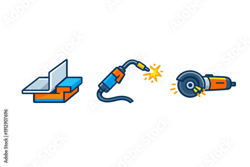 A set of three stylized metalworking icons featuring a metal profile, a welding torch with a spark, and an angle grinder, all illustrated in a blue and orange color scheme on a black background.
