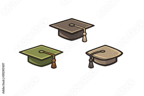 Three stylized graduation caps in earthy tones of green, brown, and tan are arranged against a solid black background. Each mortarboard features a decorative tassel on the side.