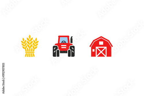 A collection of three flat vector icons representing agriculture, featuring a yellow wheat sheaf, a red tractor, and a red barn isolated on a solid black background.