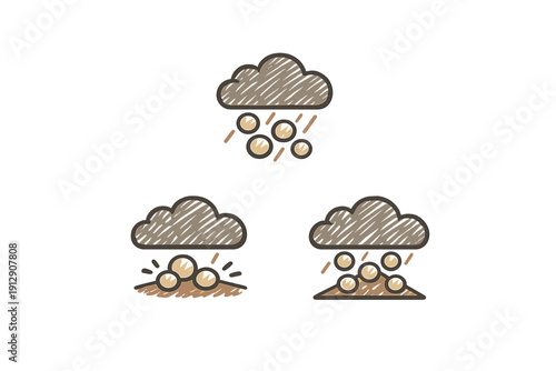 Three stylized weather icons depicting clouds with falling hail and rain in a hand-drawn sketch style. The icons show precipitation landing on different ground surfaces in brown tones.