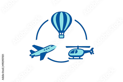 A blue vector illustration featuring icons of a hot air balloon, an airplane, and a helicopter arranged in a circular formation on a black background, representing air travel.