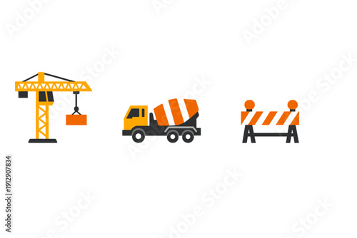 Three flat vector illustrations of construction equipment including a yellow tower crane, a cement mixer truck, and a striped safety barrier on a solid black background.