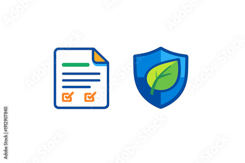 A flat vector illustration featuring a blue document with orange checkmarks next to a blue shield containing a green leaf, representing environmental protection and policy.