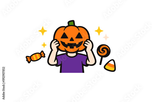 A flat vector illustration featuring a character with a jack-o'-lantern head, wearing a purple shirt and surrounded by sweets like candy corn and lollipops on a black backdrop.