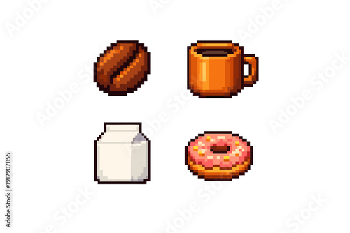 A collection of four pixel art icons featuring a brown coffee bean, an orange mug of coffee, a white milk carton, and a pink glazed donut with sprinkles on a black background.