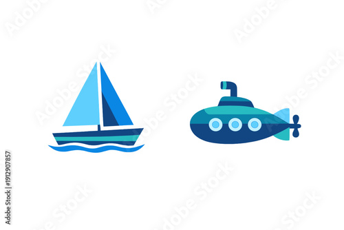 This minimalist graphic depicts a blue sailboat floating on waves alongside a blue submarine with portholes and a periscope, presented in a flat design style on a black backdrop.
