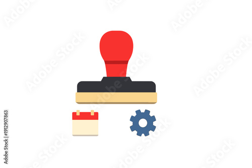 This flat vector illustration features a red rubber stamp, a small calendar icon, and a blue gear symbol. The design represents administrative tasks and office management processes.