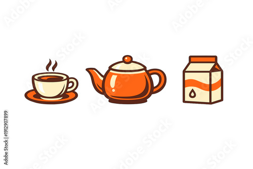 A flat vector illustration featuring a steaming cup of coffee on a saucer, a round orange teapot, and a milk carton, all set against a solid black background in a minimalist style.