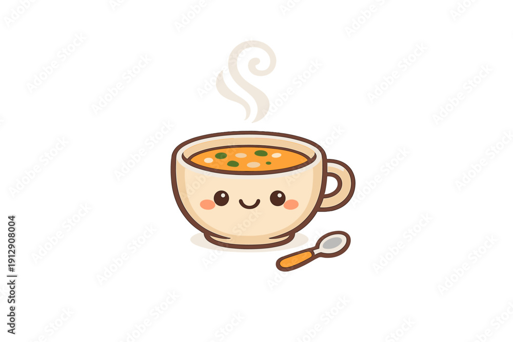 Obraz premium This cute cartoon illustration features a smiling bowl of hot vegetable soup with steam rising above it and a small spoon nearby, all set against a solid black background.