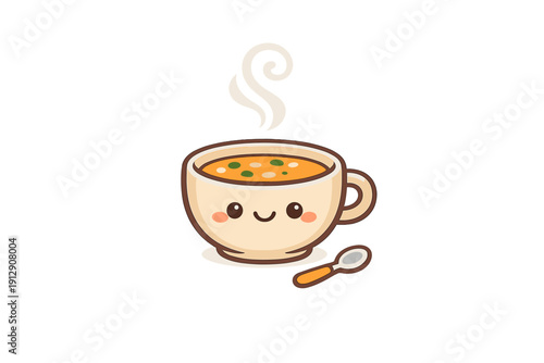 This cute cartoon illustration features a smiling bowl of hot vegetable soup with steam rising above it and a small spoon nearby, all set against a solid black background.
