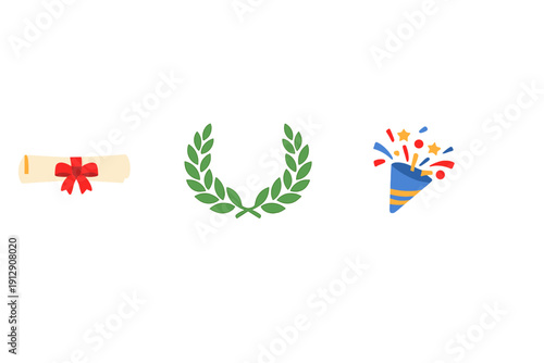 Three colorful icons representing achievement and celebration are displayed on a black background, including a rolled diploma, a green laurel wreath, and a festive party popper.