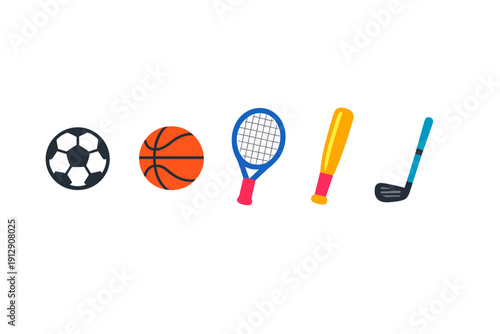 A collection of five colorful sports equipment icons including a soccer ball, basketball, tennis racket, baseball bat, and golf club, arranged in a row on a solid black background.