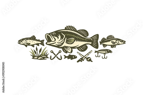 A graphic illustration featuring a large bass surrounded by smaller fish, fishing hooks, rods, and a lure. The design is set against a black background in a vintage woodcut style.