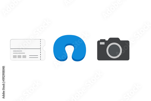 Three minimalist travel icons featuring a white ticket, a blue neck pillow, and a grey camera arranged horizontally on a black background. Ideal for vacation and trip themes.