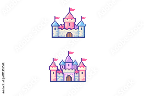 Two pixel art castles with pink, purple, and blue towers are displayed against a solid black background. The illustrations feature flags and arched wooden doors in a retro gaming style.