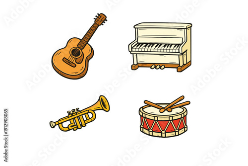 A collection of four hand-drawn musical instrument illustrations including an acoustic guitar, an upright piano, a golden trumpet, and a red snare drum with sticks on a black background.
