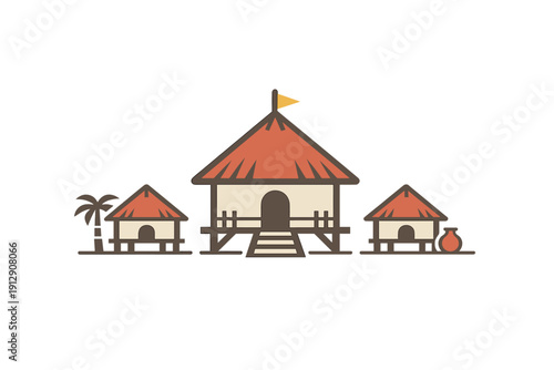 A minimalist flat illustration of three traditional tropical huts on stilts against a black background. The central hut features a yellow flag, flanked by a palm tree and a clay pot.