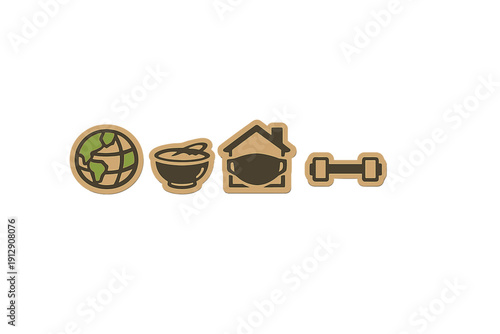 A row of four graphic icons featuring a globe, a bowl of food, a house with a face mask, and a dumbbell, representing health and lifestyle themes on a dark background.
