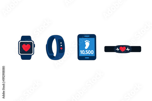 A collection of flat vector icons representing wearable fitness technology including a smartwatch, fitness tracker, smartphone app with step counter, and a heart rate monitor chest strap.