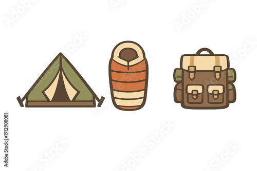 A set of three stylized camping icons including a green tent, an orange sleeping bag, and a brown backpack, all presented in a flat vector style against a solid black background.