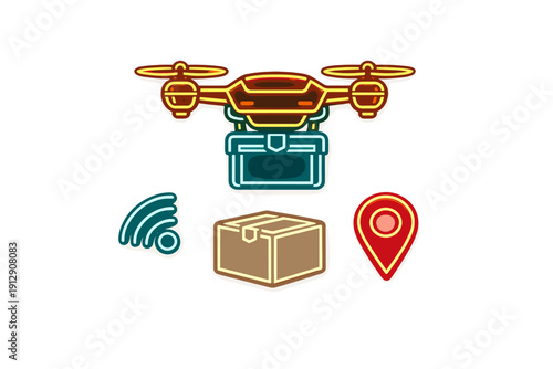 Neon digital graphic featuring a delivery drone transporting a parcel, alongside icons for wireless signal, a shipping box, and a red location marker on black.