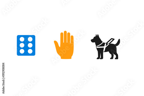 Three minimalist icons representing accessibility for the visually impaired, featuring a blue braille cell, an orange hand, and a black service dog silhouette on a dark background.