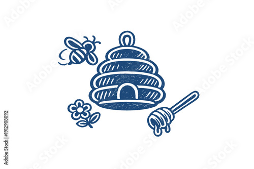 A white hand-drawn illustration featuring a traditional beehive skep, a flying honeybee, a small flower, and a honey dipper with dripping honey on a dark blue background.